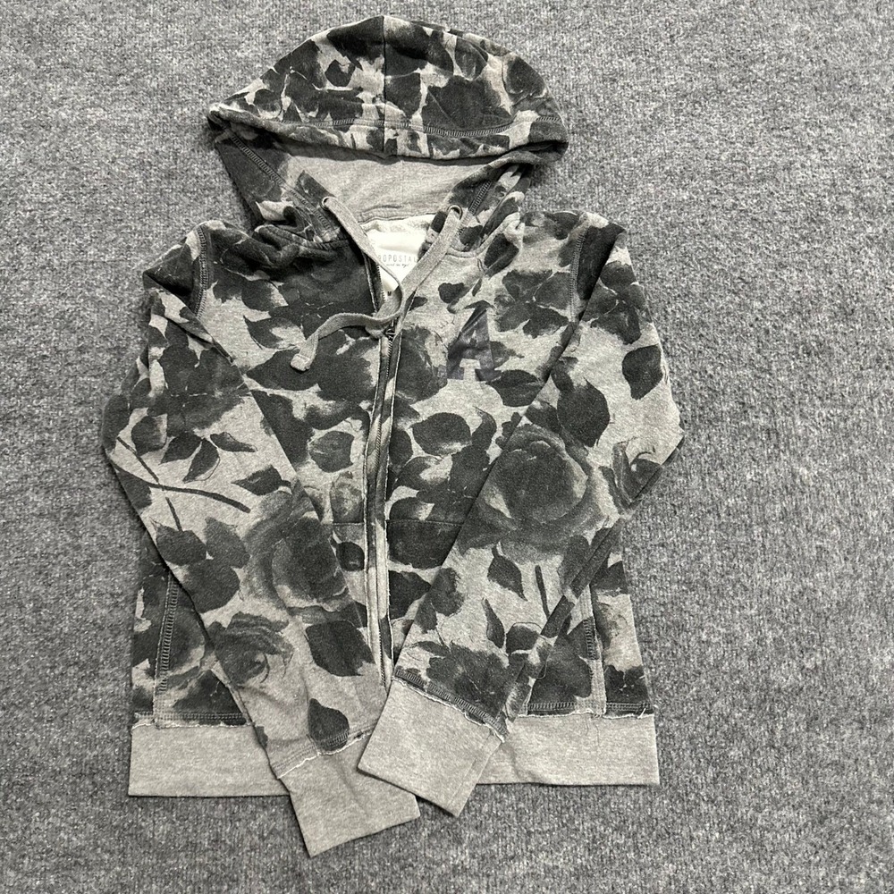 Aeropostale Hoodie Womens Size M Gray Black Floral Rose Full Zip Slim Fit Zip Up